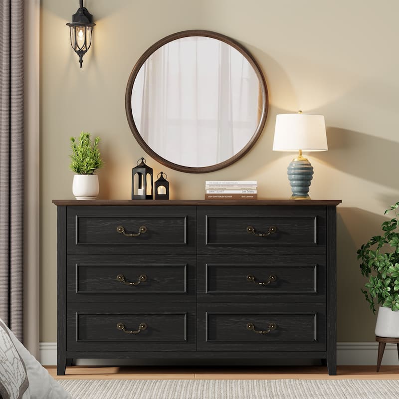 Farmhouse 6 Drawer Dresser for Bedroom, Vintage Dresser with Antique Handles
