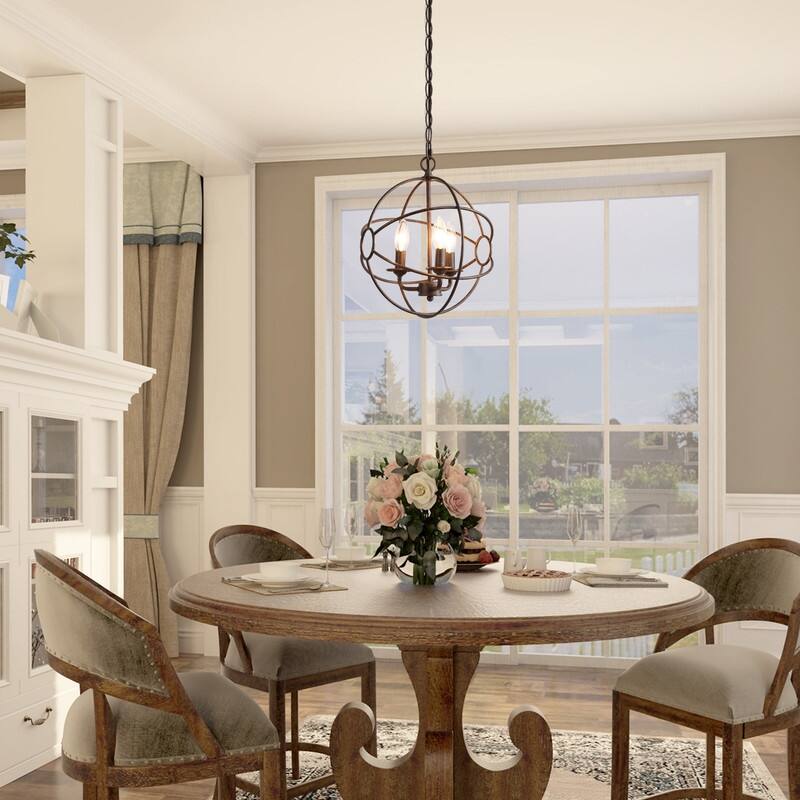 Farmhouse Rustic 3-Light Metal Globe Chandelier Pendant Light for Kitchen Island Dining Room - 12"W x 14"H