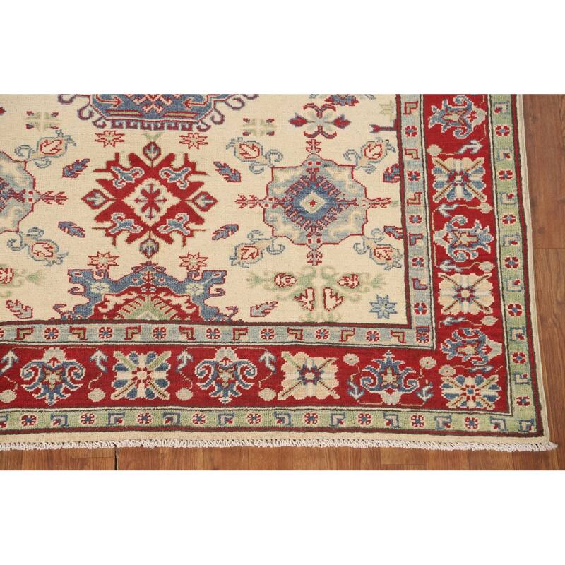 Geometric Beige Kazak Area Rug Hand-Knotted Traditional Wool Carpet - 5'0" x 6'3"