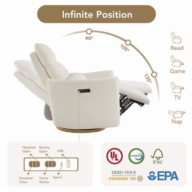 Spruce & Spring Power Swivel Recliner Chair Dual-Motor Nursery Glider with Lumber Pillow