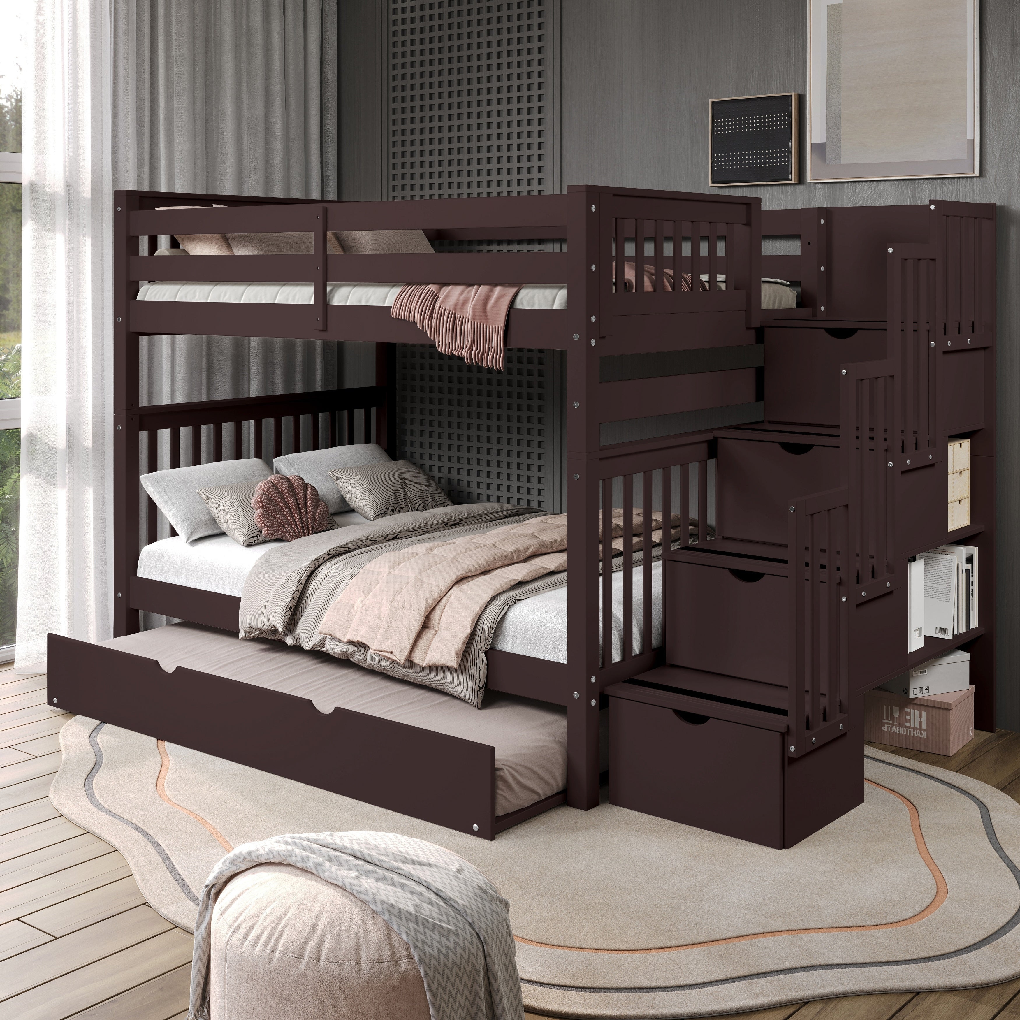 Dark brown Taylor & Olive Trillium full over full stairway bunk bed with twin trundle.