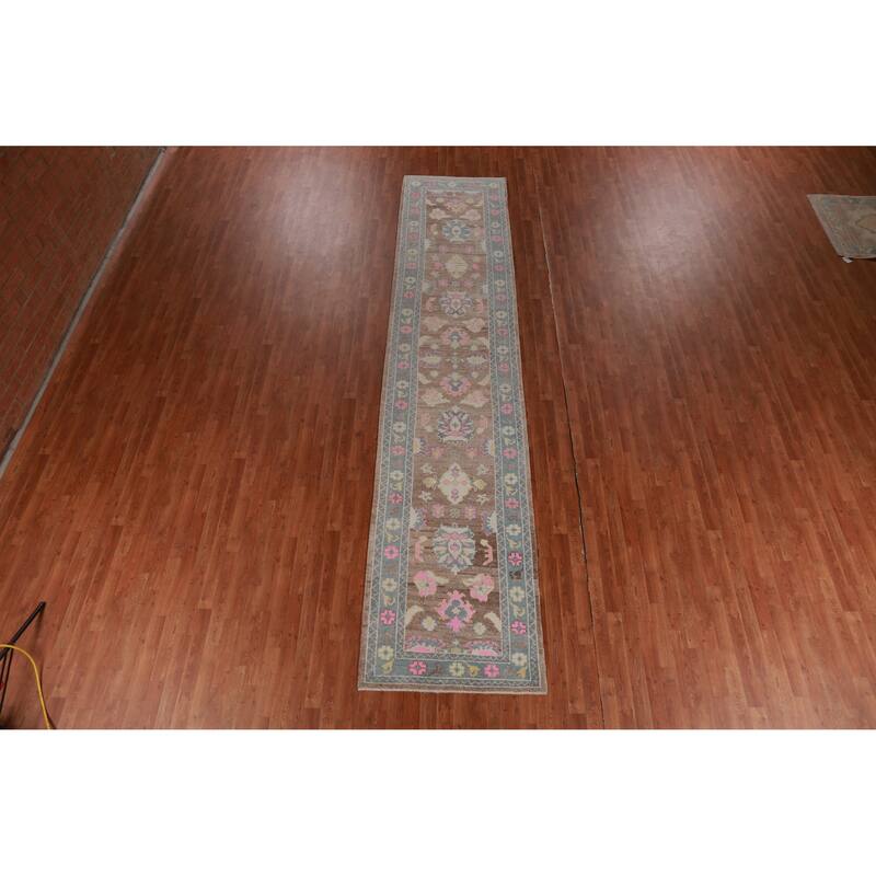 Hand Knotted Oriental 100% Wool Carpet Transitional Floral Brown Oushak Runner Rug - 14' 11'' X 3' 2''