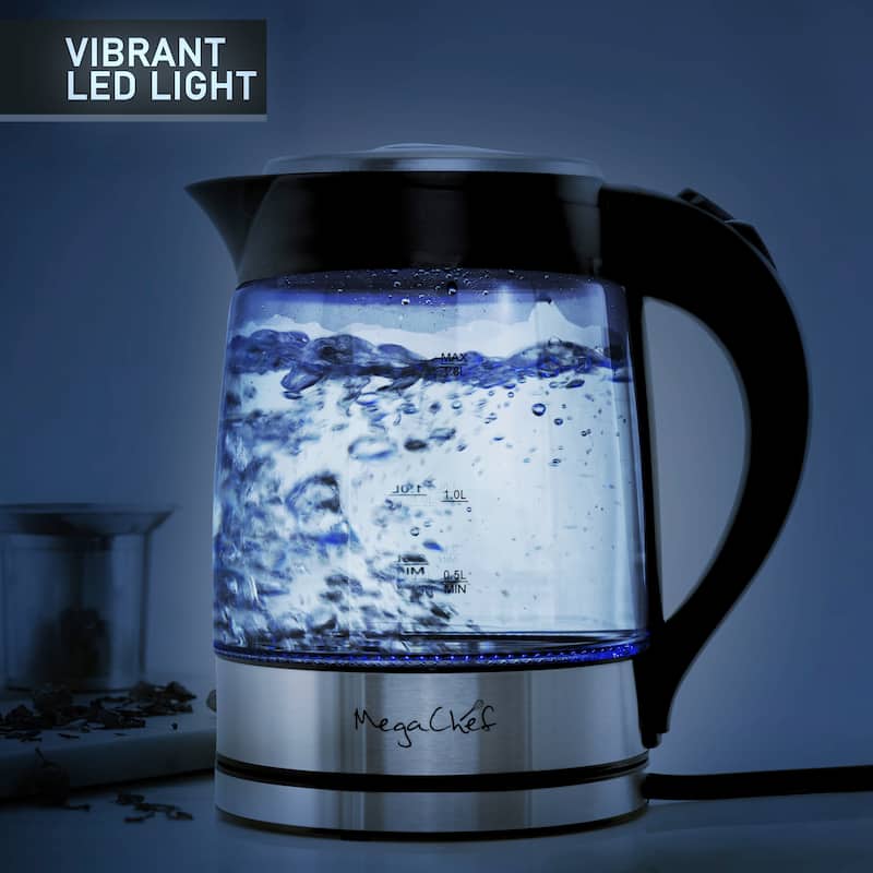 1.8L Rapid Boil Cordless Serving Electric Glass Tea Kettle in Silver
