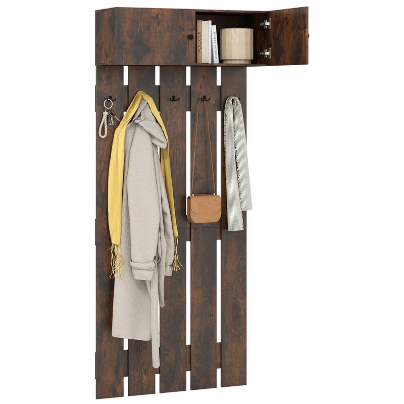 Engineered Wood Wall Coat Rack with Hooks and Cabinet - 35 x 13 x 82.6 in.