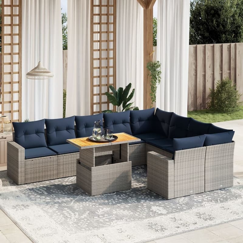 vidaXL Patio Sofa Set with Cushions Outdoor Furniture 10 Piece Poly Rattan - 24.4 x 24.4 x 27.2 - Grey+Navy Blue-5 middle+2 corner+2 Sofa+Table