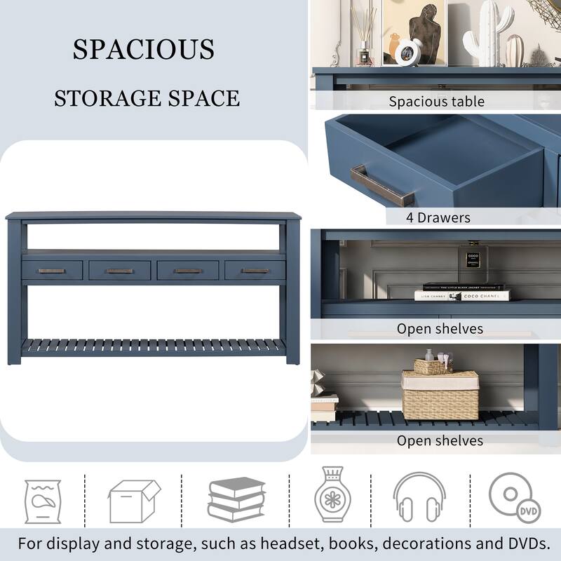 Entryway Table Sofa Table Navy Blue Side Table with 4 Drawers, Modern Console Table Coffee Table with Open Shelves