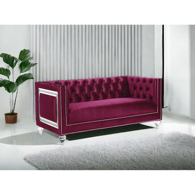 HomeRoots 67" Burgundy And Silver Velvet Loveseat and Toss Pillows