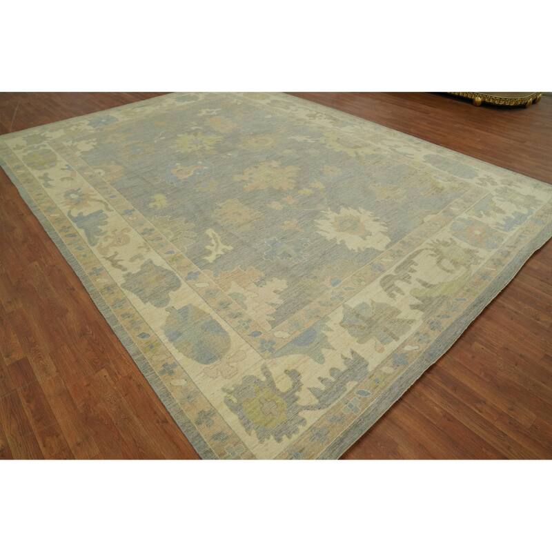 Handmade Gray Oushak Vegetable Dye Large Rug, Floral Geometric Carpet - 14' 0'' X 10' 1''
