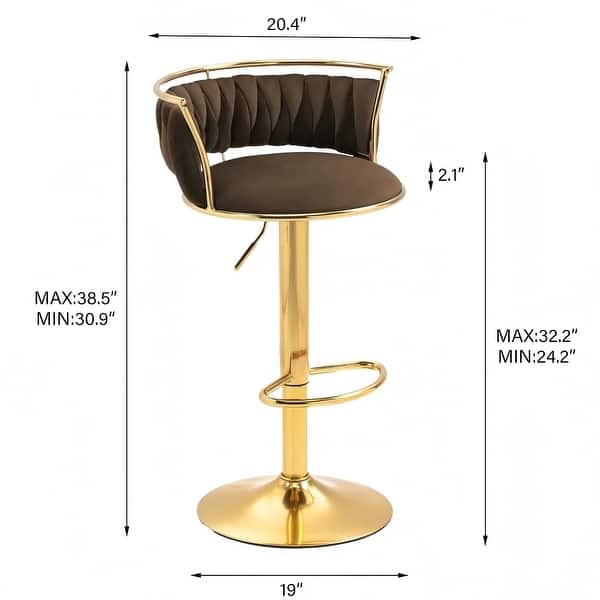 dimension image slide 8 of 24, Velvet Upholstered Adjustable Bar Stool Swivel Counter Chair Set of 2