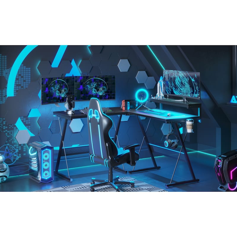 L-Shaped LED Gaming Desk Corner Computer Desk with Monitor Stand