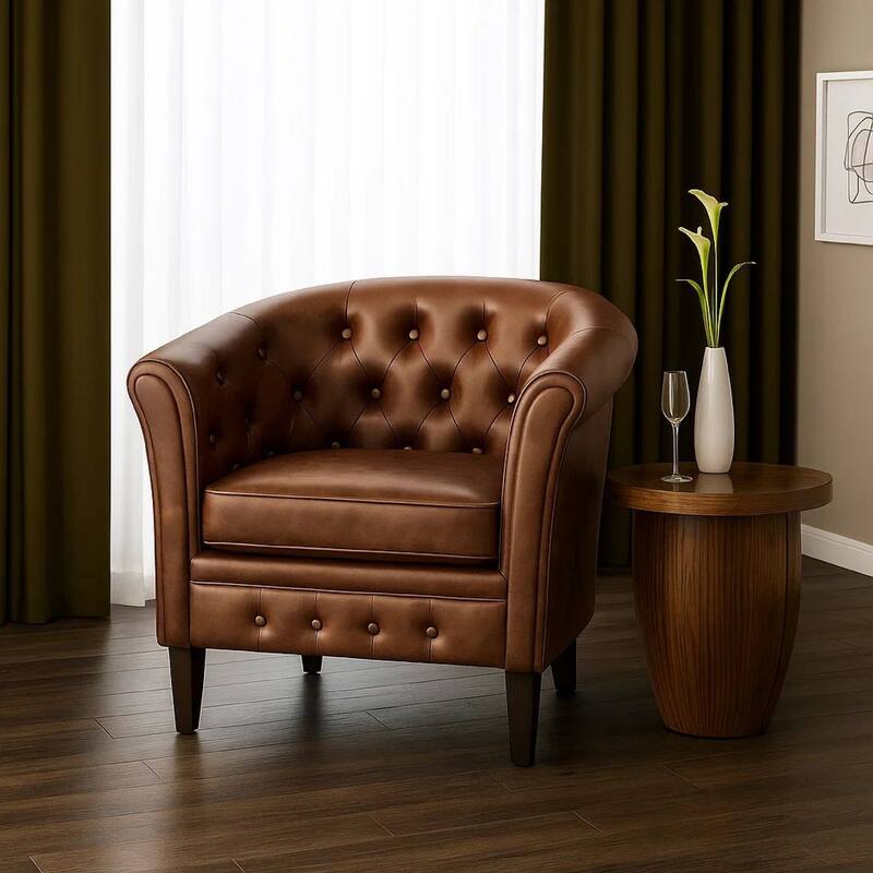 Deina Armchair, Tufted Shiny Brown Faux Leather, Black Wood Legs