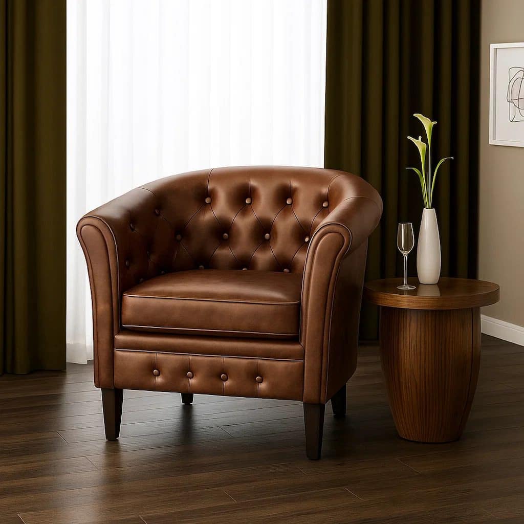 Deina Armchair, Tufted Shiny Brown Faux Leather, Black Wood Legs