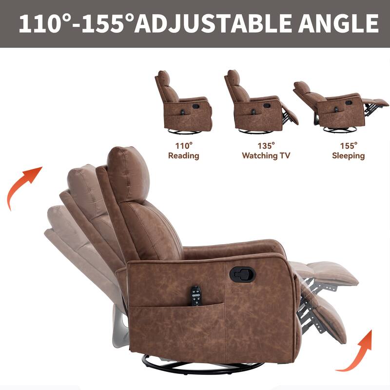 Faux Leather Recliner with Massage Heat Rocker and 360 Degree Swivel