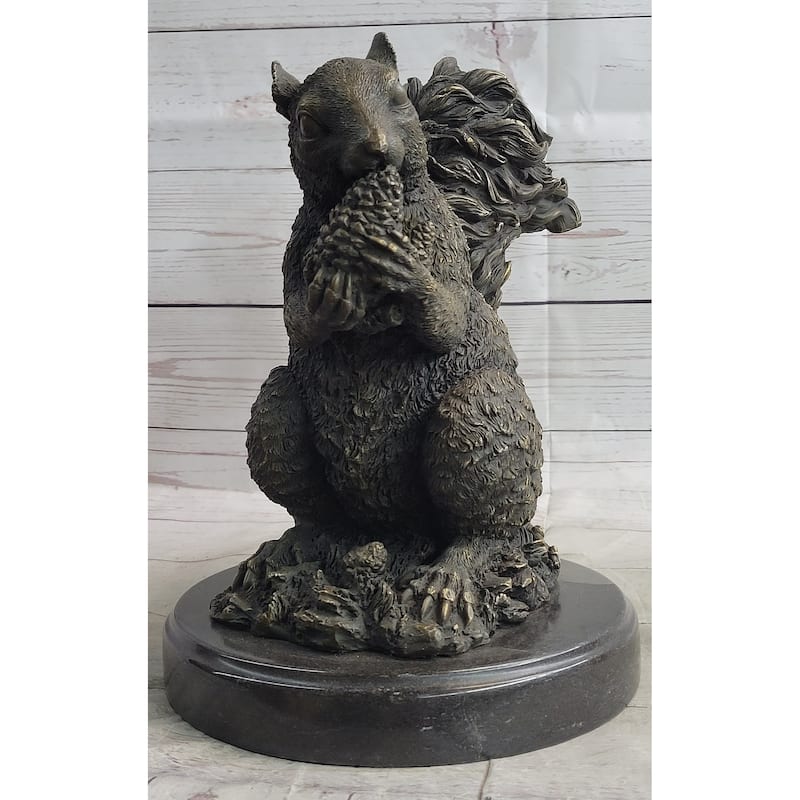 Squirrel Eating An Acorn Bronze Sculpture Statue Handmade Figure Original Art Marble Base