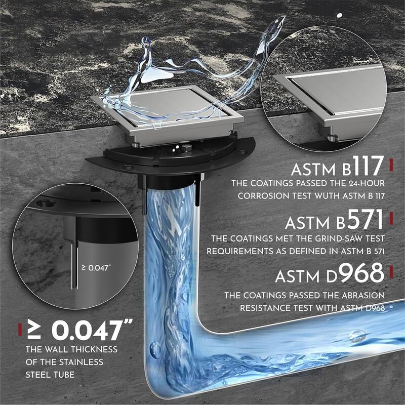 4/6-Inch Square Shower Drain, Reversible Tile Insert