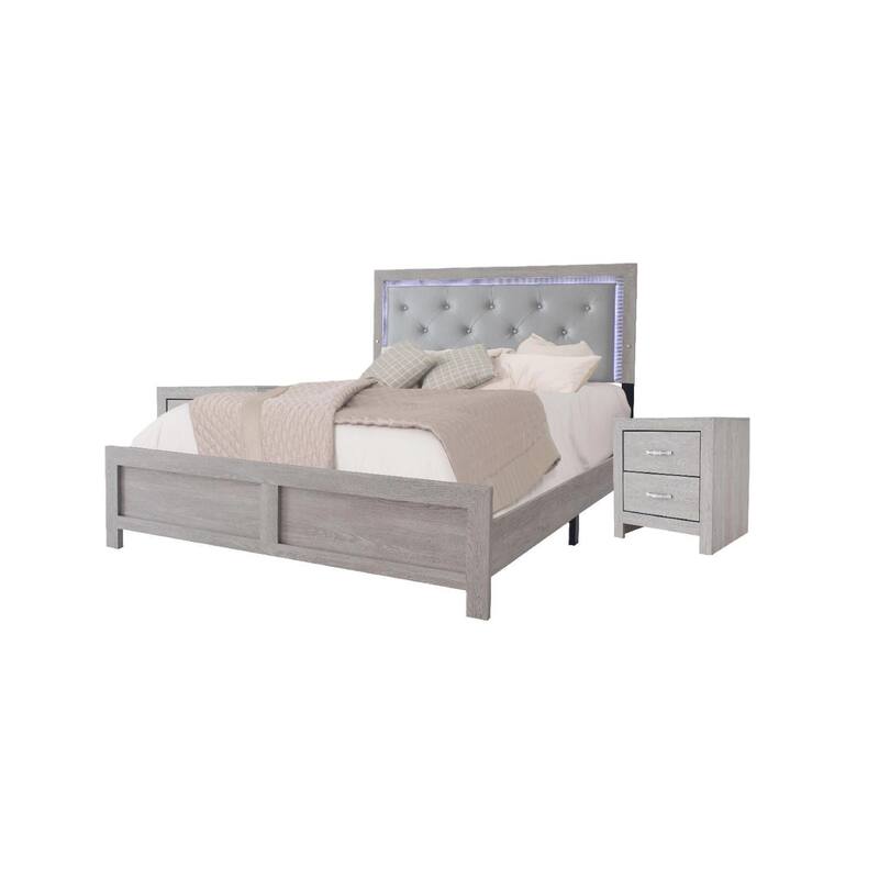Modern Queen Panel Bed with LED Headboard, Beige Faux Leather Upholstery, Button Tufted Design