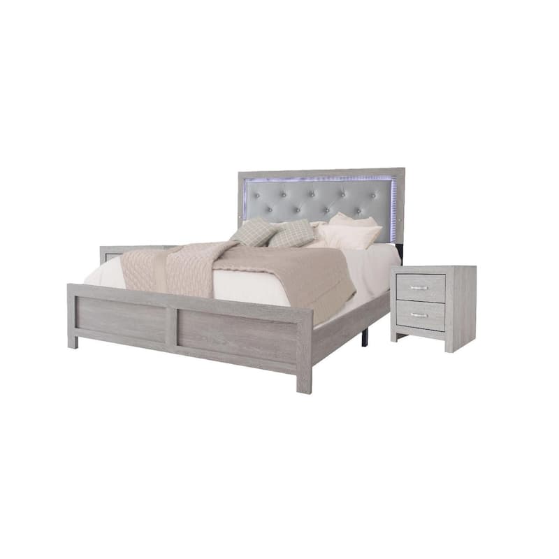 Sleek Queen Bed with LED Backlit Upholstered Headboard, Button Tufted, Beige Finish, Slats & Support Legs Included