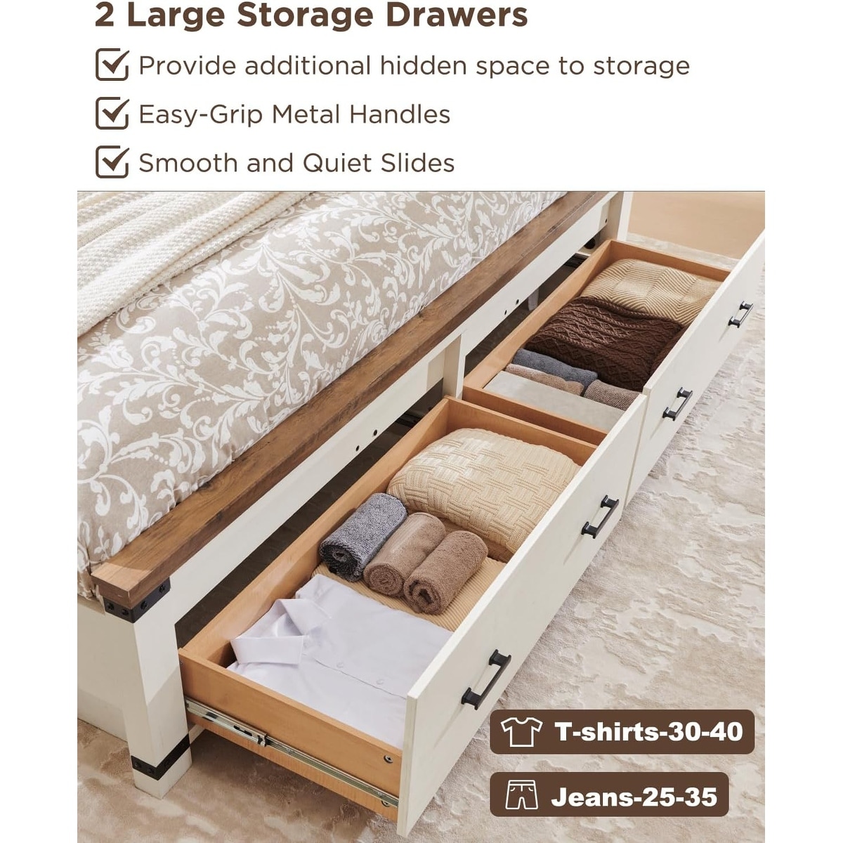 Farmhouse Wood Bed Frame with 54" Tall Headboard, 2 Large Drawers
