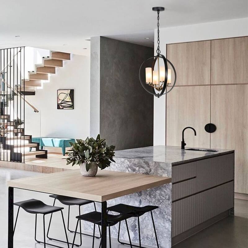 Transitional 4-light Candle Chandelier Globe Pendant Lights with Frosted Glass - D 18" x H 20"
