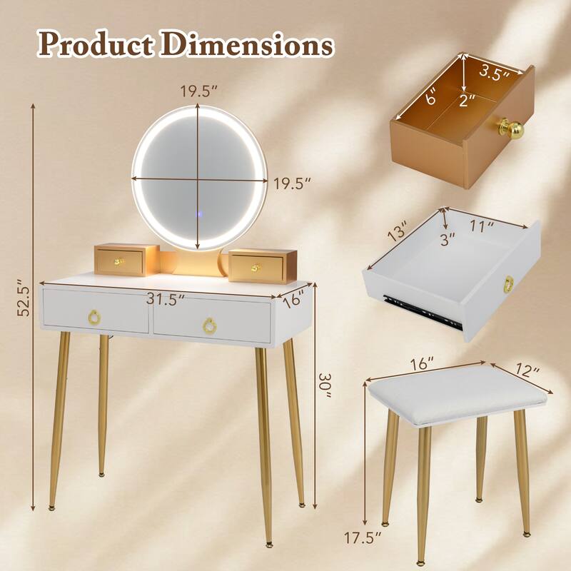 Costway Vanity Makeup Dressing Table Stool Set 3-Color Lighted Mirror - See Details