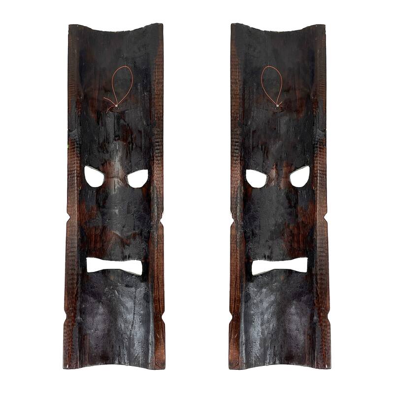 Carved Wood 20 Inch Tiki Wall Masks Palm/ Plumeria Flower (Set Of 2)