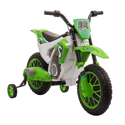 Motorcycle Dirt Bike Electric Battery-Powered Ride-On Toy Off-road Street Bike with Charging Battery, Training Wheels Green