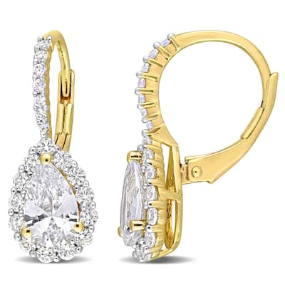 Miadora 3 5/8ct TGW Created White Sapphire Teardrop Leverback Earrings Yellow Silver