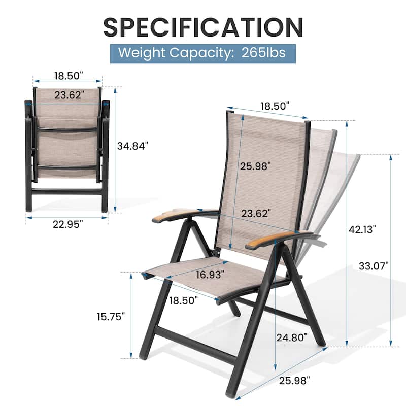 Outdoor Patio Aluminum Folding Chairs Set with Adjustable Backrest, Solid Wood Armrest