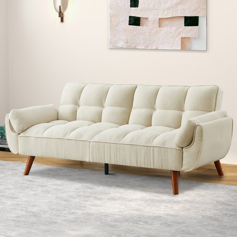 Futon Sofa Bed, Convertible Sleeper Couch with Pillows, Foldable Loveseat Furniture for Living Room - Beige