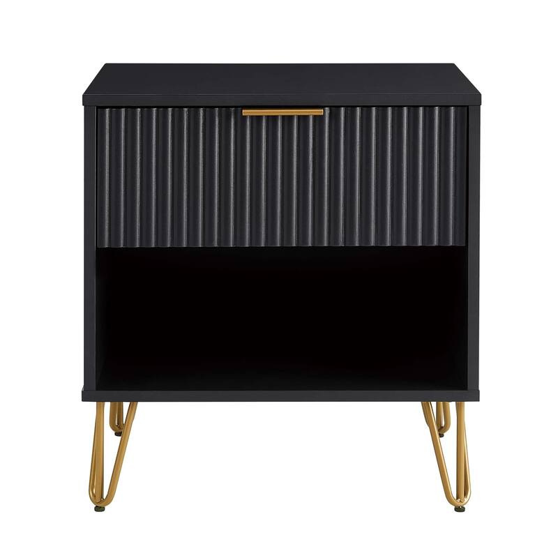 Modern Black Fluted Nightstand with Gold Metal Handles and Legs - Black