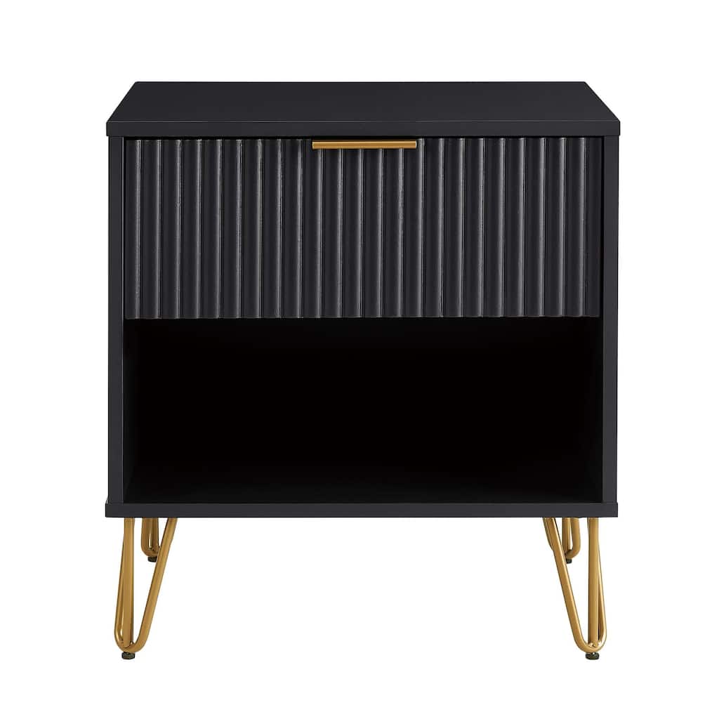 Modern Black Fluted Nightstand with Gold Metal Handles and Legs