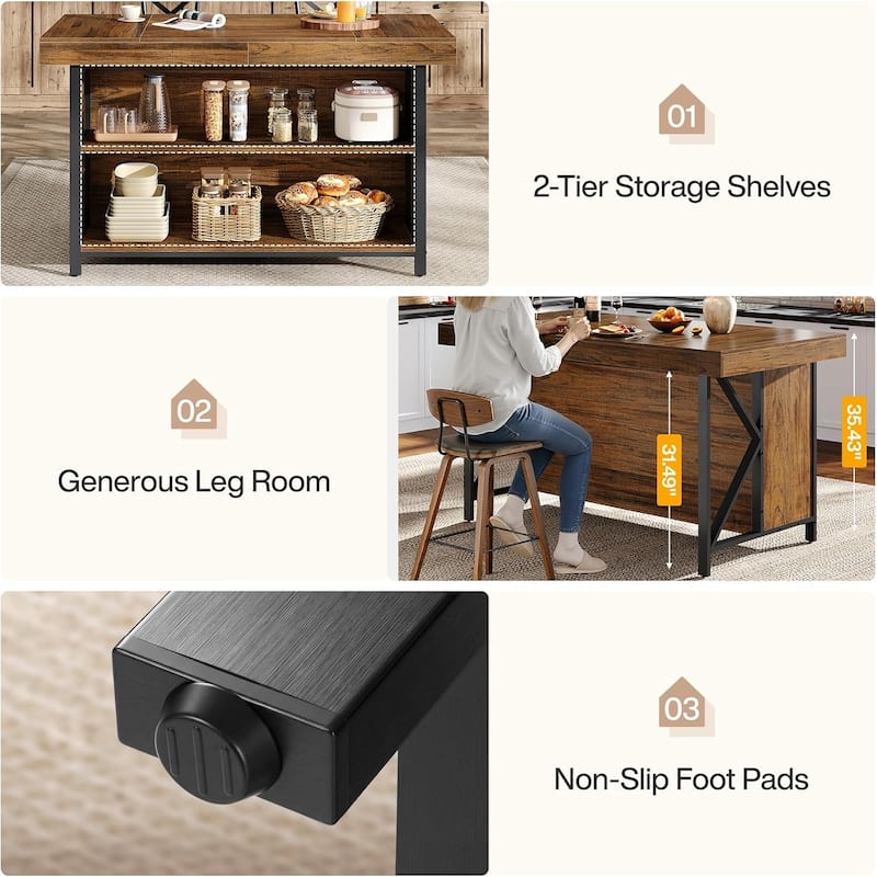 55-Inch Large Kitchen Island with Storage, Wooden Stationary Island Table - 27" D x 55" W x 35" H