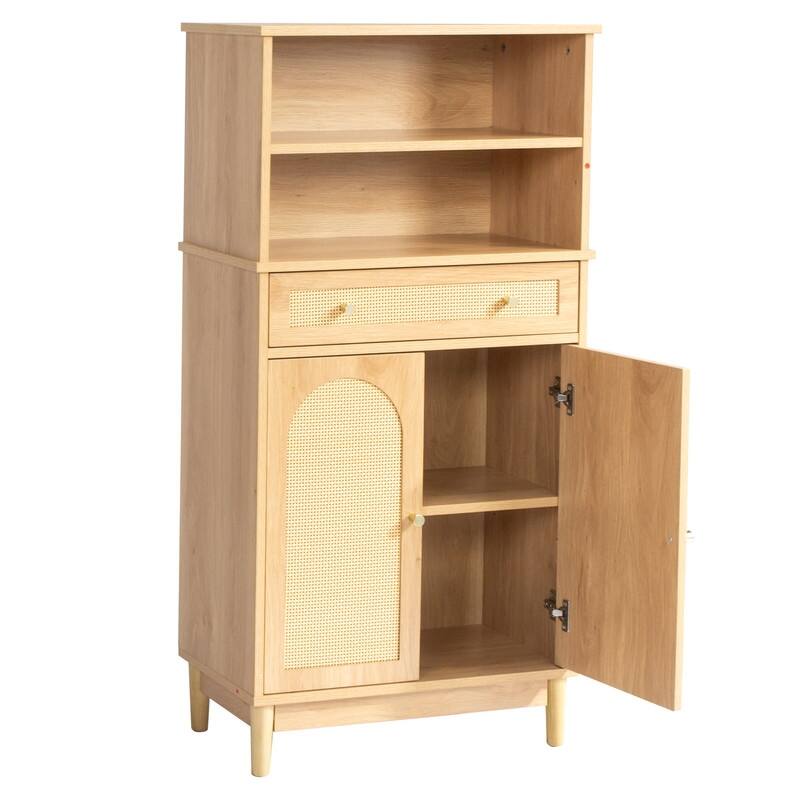 Oak Bathroom Storage Cabinet 1 Drawer 2 Door 4 Tier with Rattan Surface