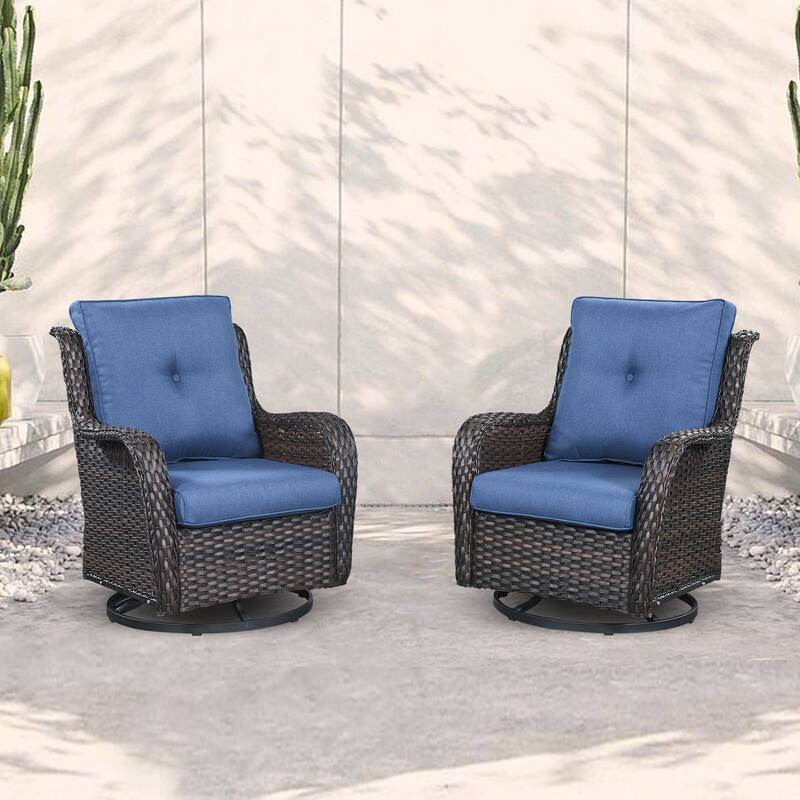 Pocassy Outdoor Wicker Glider Swivel Club Chairs (Set of 2) - Brown/Blue