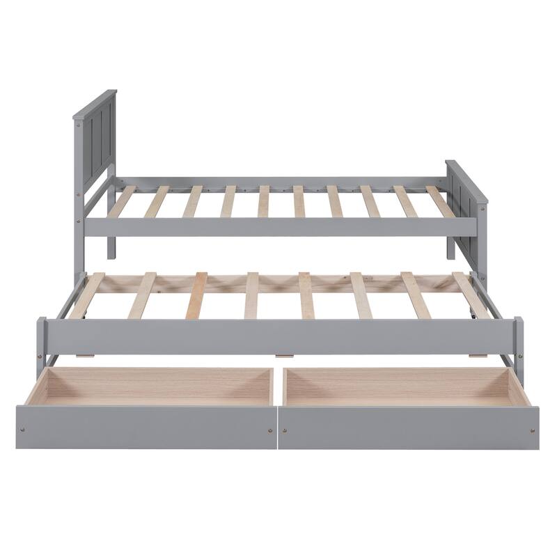 Twin Platform Bed with Trundle and Two Storage Drawers, Solid Pine Wood Frame, Space-Saving Design
