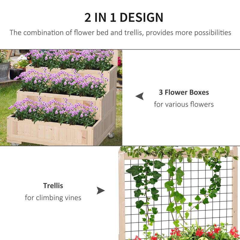 Wood Planter Trellis Movable Wheels, Storage Space, 2 Drainage Holes