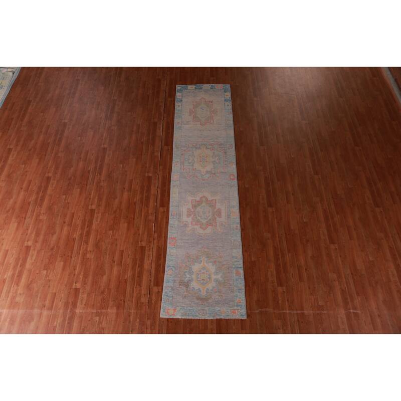 Hand Knotted Oriental 100% Wool Carpet Transitional Geometric Purples Oushak Runner Rug - 11' 11'' X 2' 10''