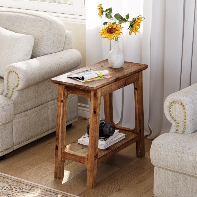 Solid Wood End Table, Rustic 2-Tier Side Table for Living Room