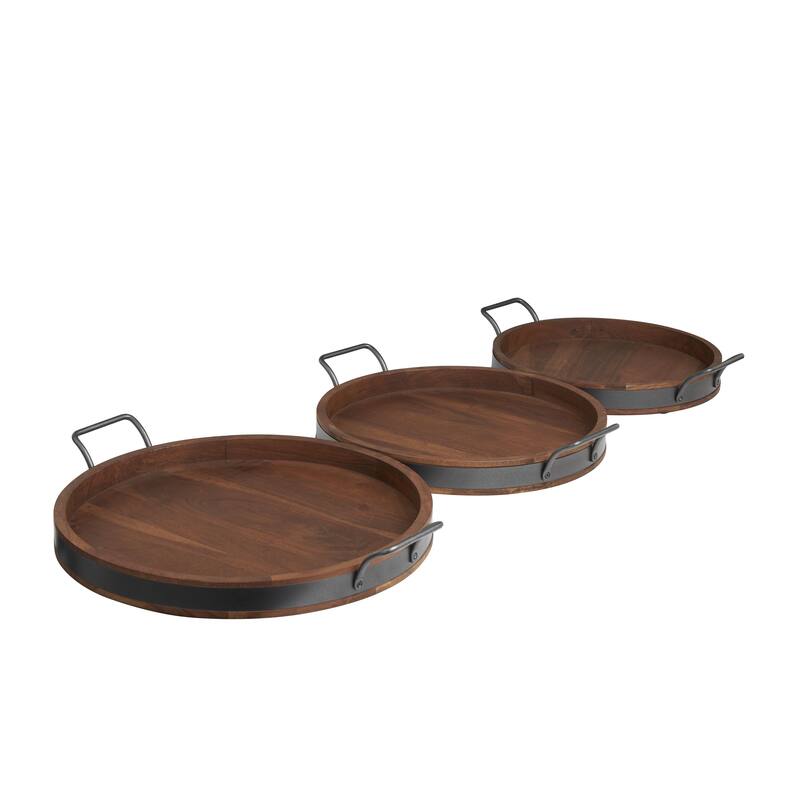 Mango Wood Nesting Living Room Decor Tray with Black Metal Handles - Set of 3 Cream or Brown - Roche River Decor