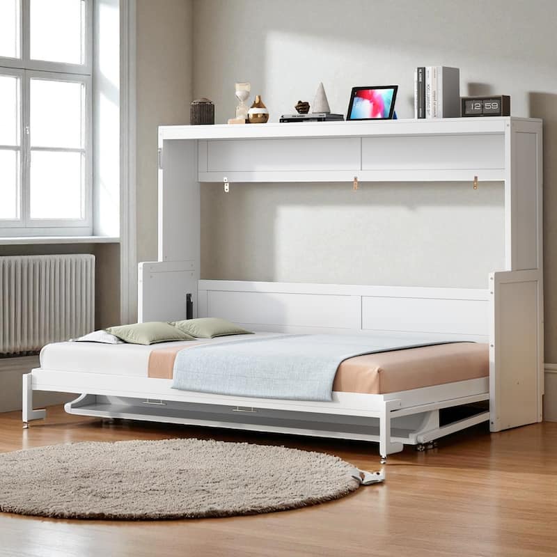 Full/Queen Murphy Wall Bed with Desk, Hydraulic Lift, 600 lb Capacity, 10 in Mattress, Space-Saving Home Office - White - Queen