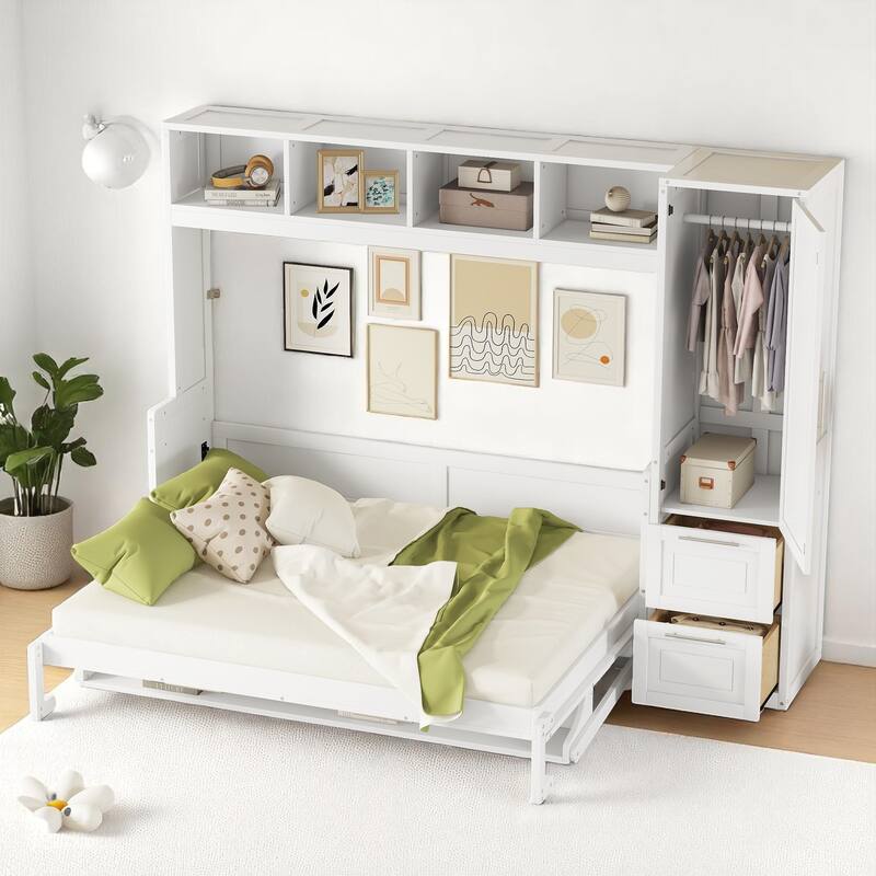 Queen Size Murphy Wall Bed with Closet, Drawers and Shelf Storage, Foldable Cabinet Bed with Custom Layout
