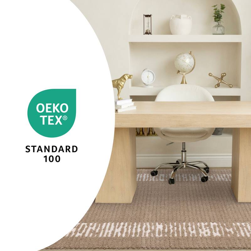 Taupe White Striped Border Soft Textured Rug