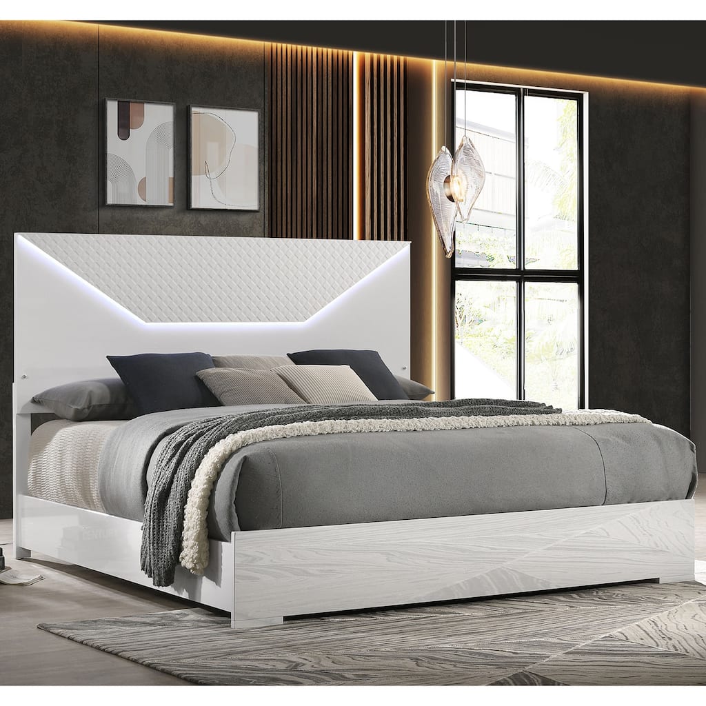 White High Gloss Queen Panel Bed with LED Headboard and Diamond Texture