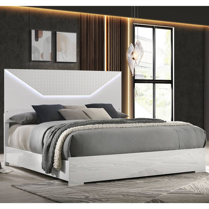 White High Gloss Queen Panel Bed with LED Headboard and Diamond Texture - Gloss White