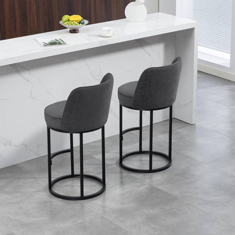 Anmytek Set of 2 Comfortable Modern Barrel Counter Height Bar Stools - Linen Fabric Upholstered With Backrest