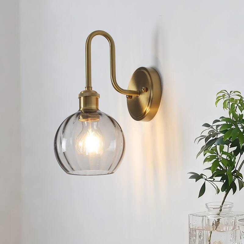 Modern 1-Light Bathroom Vanity Wall Sconce with Textured Glass Shade - Brushed Gold