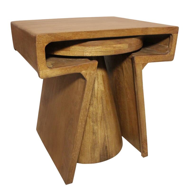 HomeRoots Set of Two Walnut Distressed Solid Wood Pedestal Nested Tables - 21.00 in. x 22.50 in. x 18.00 in.