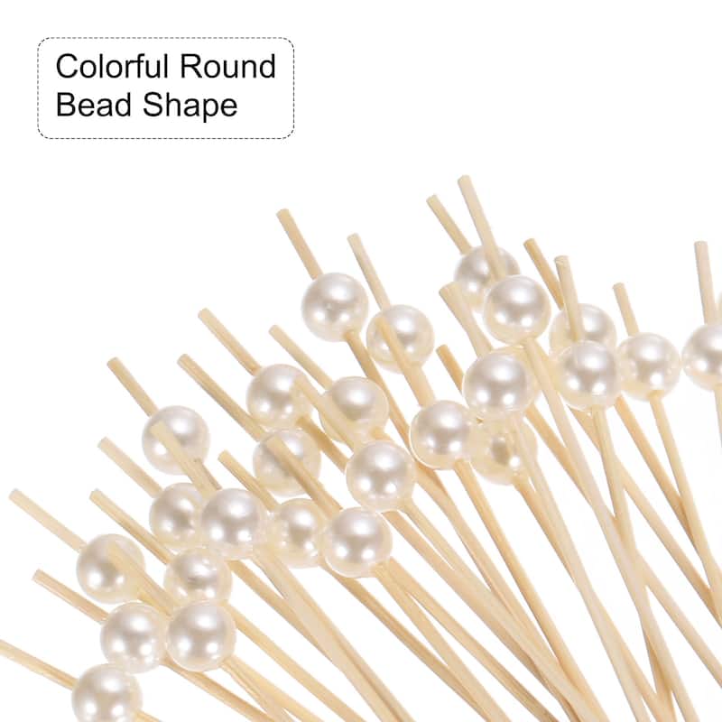 Bamboo Cocktail Toothpicks White Pearl Bead Drink Picks Skewer 100Pcs - 4.72"