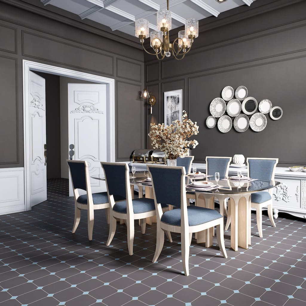 Merola Tile Vaudeville Octagon Antracita with Taco Azzuro 7-7/8" x 7-7/8" Porcelain Floor and Wall Tile