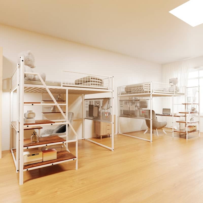 Full Size Loft Bed with Built-in Charging Station & LED Lighting, Heavy-Duty Metal Loft Bed Frame with Desk & Safety Guardrails